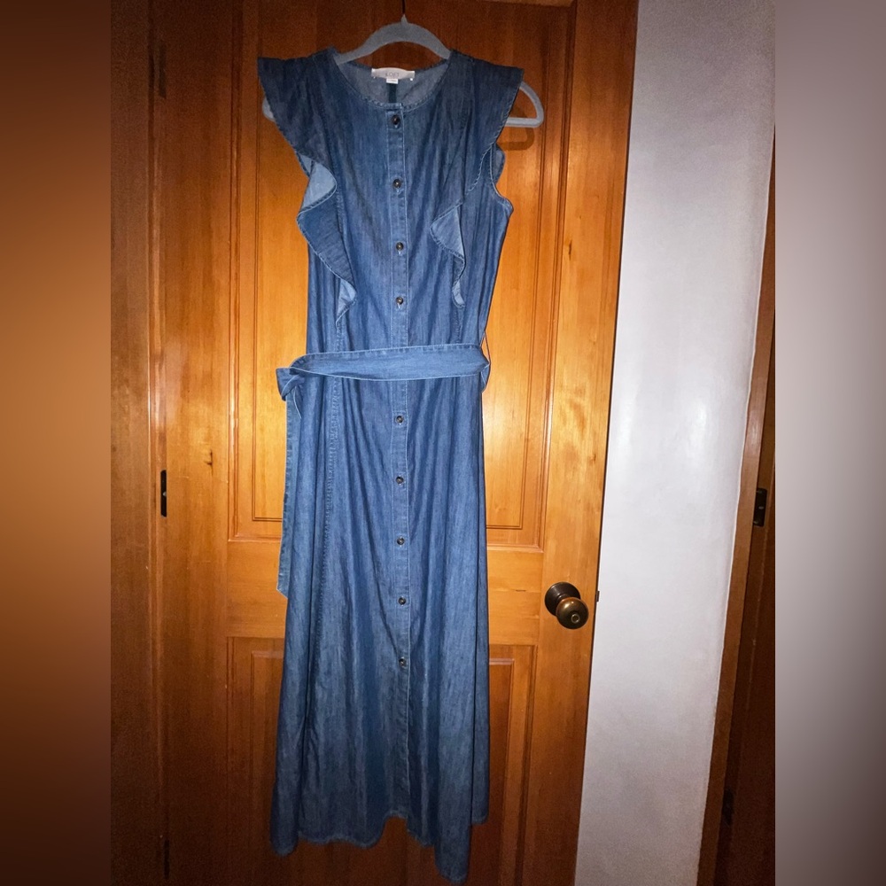 LOFT Blue Denim Ruffle Maxi Dress